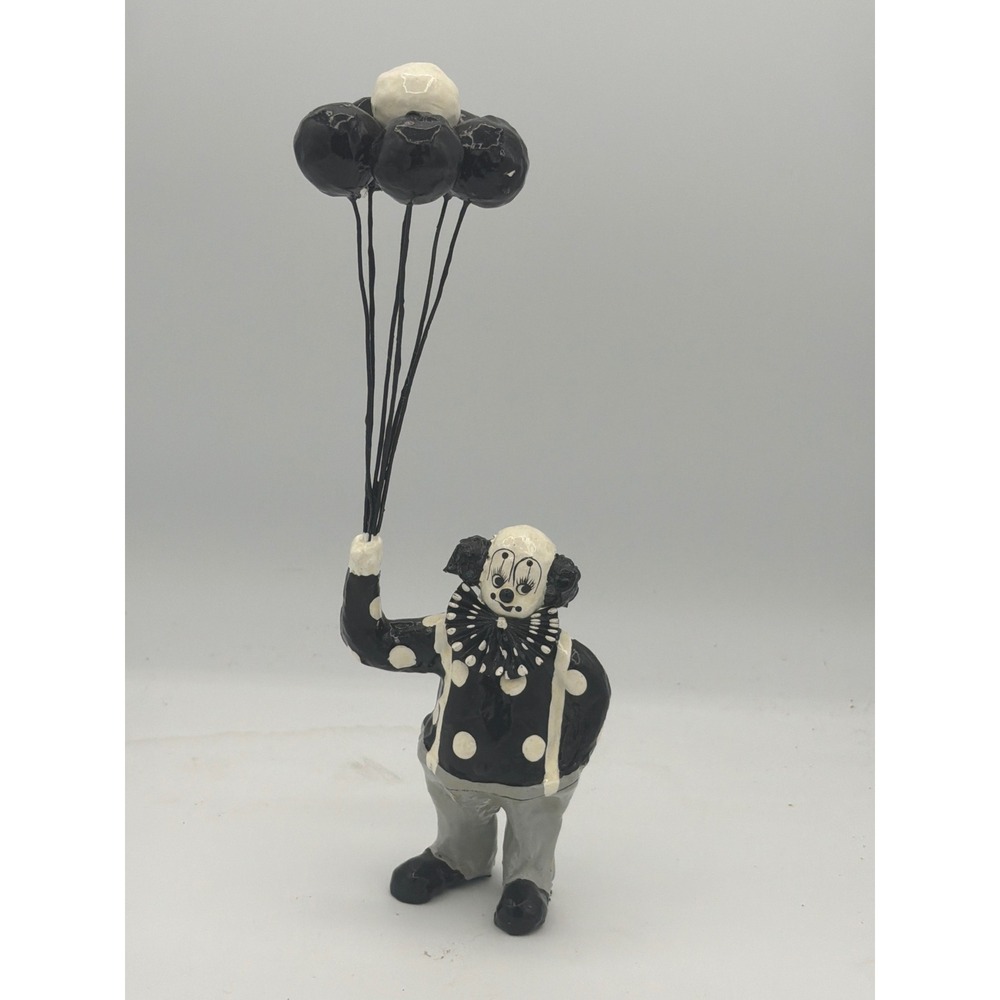 Vintage Mexican Papier-Mâché Clown Figurine Wire Balloon Black White Folk Art 8"